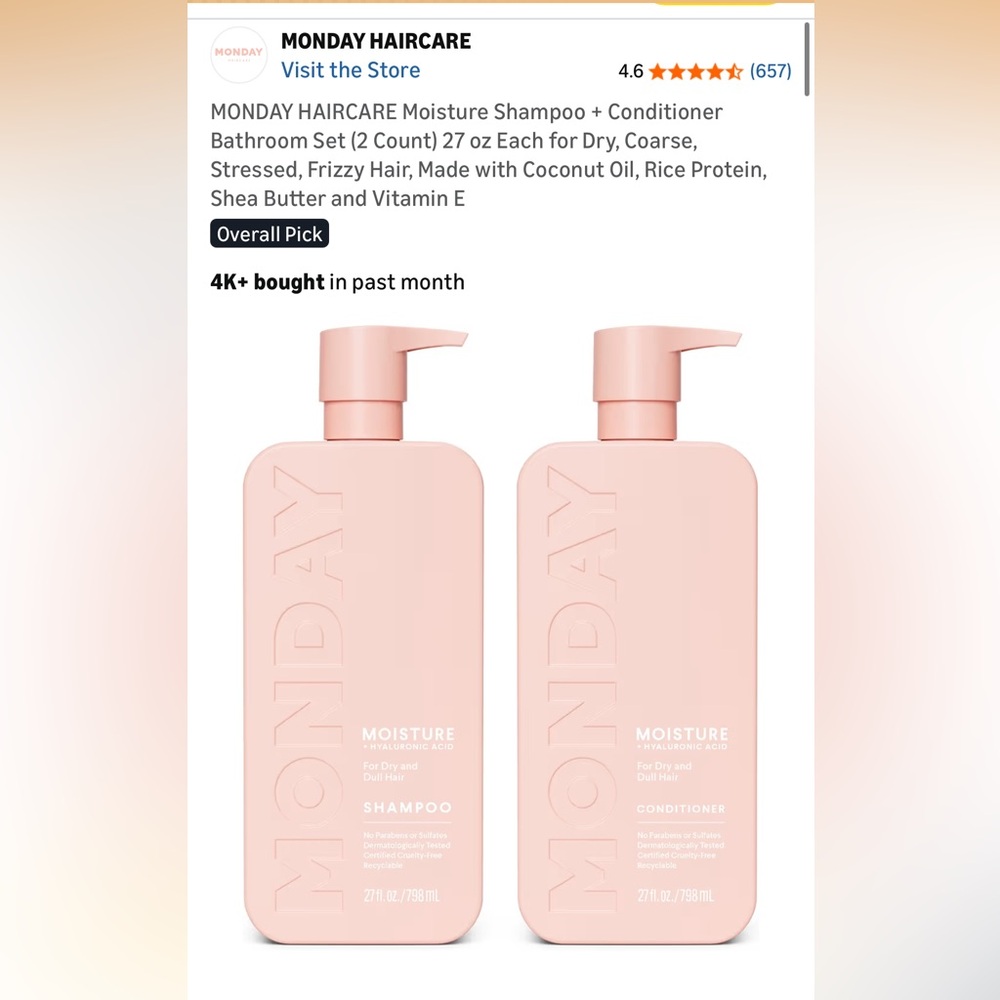 Monday haircare moisture shampoo and conditioner 27oz, each